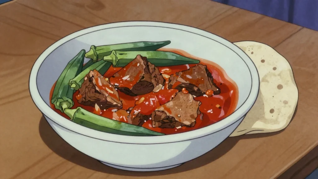 Mullah bamia, okra stew with dried meat or beef, poured over kisra, Sudan soup & stew, anime style