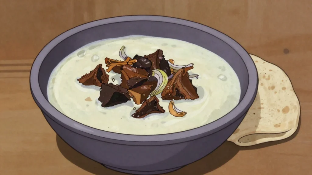 Mullah roub, soured milk stewed with dried okra powder and dried meat, Sudan soup & stew, anime style