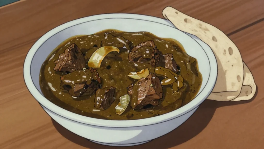 Mullah weika, dried-okra powder stew with meat and onion, scooped up with kisra, Sudan soup & stew, anime style