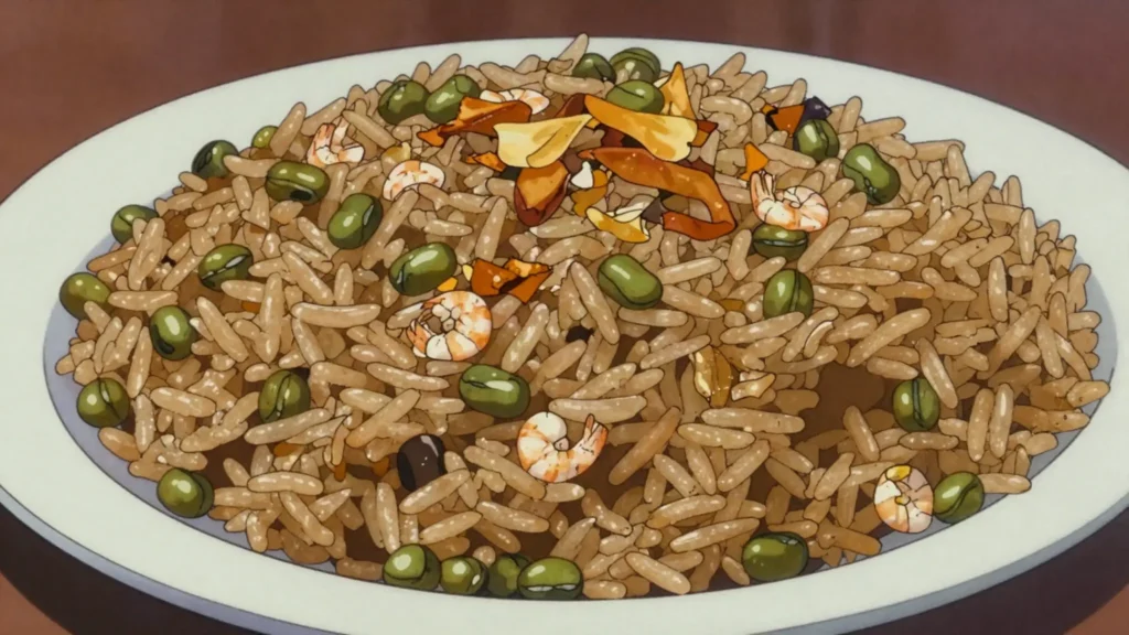Mumawash, rice with mung beans, dried shrimp and spices, Kuwait main, anime style