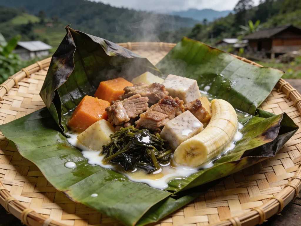 Mumu, earth-oven feast of pork, sweet potato, taro and greens steamed underground, Papua New Guinea main, anime style