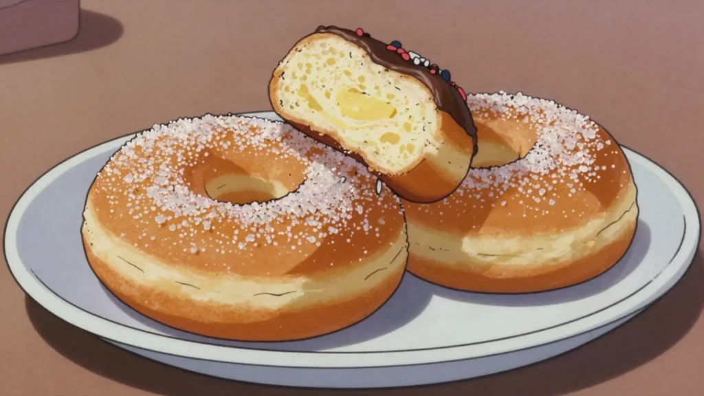 Munkki, sugared cardamom doughnut sold at fairs and drunk with sima, Finland street food, anime style