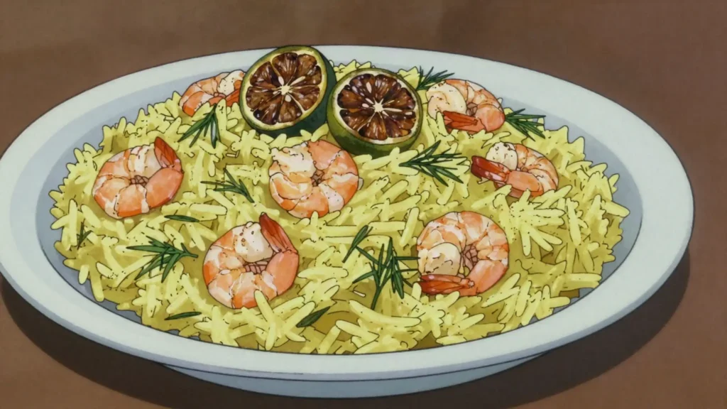 Murabyan, shrimp rice with dill, turmeric and dried lime, Kuwait main, anime style