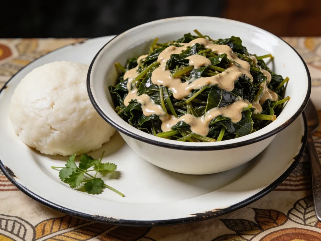 Muriwo unedovi, leafy greens simmered in creamy peanut butter, Zimbabwe salad & side, anime style