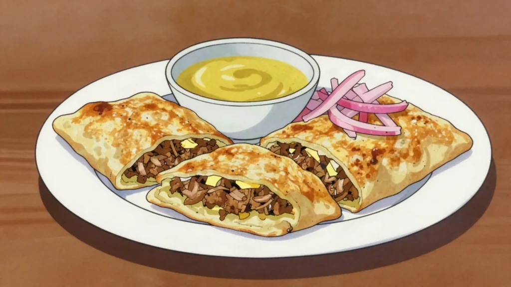 Murtabak, griddled roti parcel stuffed with spiced minced meat and egg, Malaysia street food, anime style