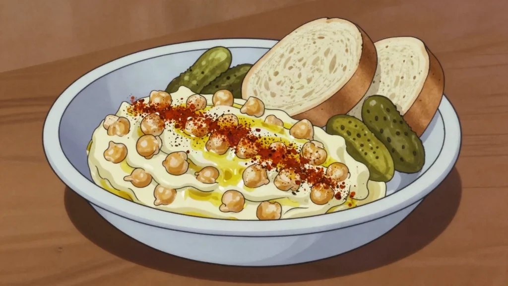 Musabbaha, warm whole chickpeas under loose tahini, lemon and cumin, Palestine salad & side, anime style