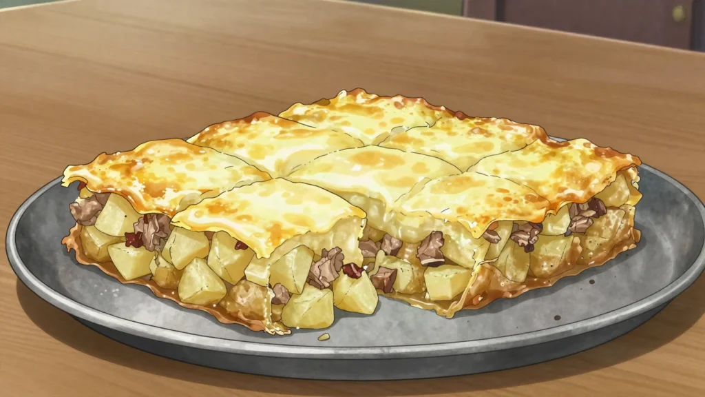 Musaka, potato and mince bake under yogurt-egg topping, Bulgaria main, anime style
