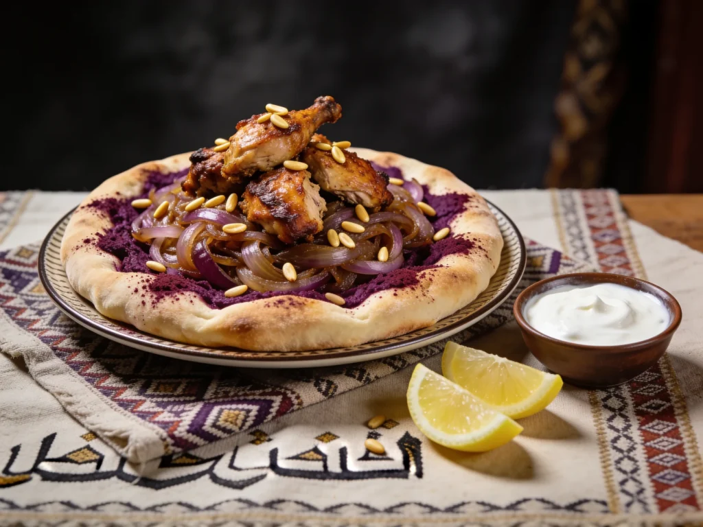 Musakhan, sumac-onion roast chicken on taboon bread soaked in olive oil, Palestine main, anime style