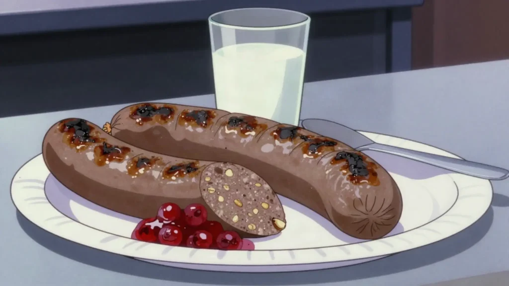 Mustamakkara, grilled blood sausage eaten with lingonberry jam and milk, Finland street food, anime style