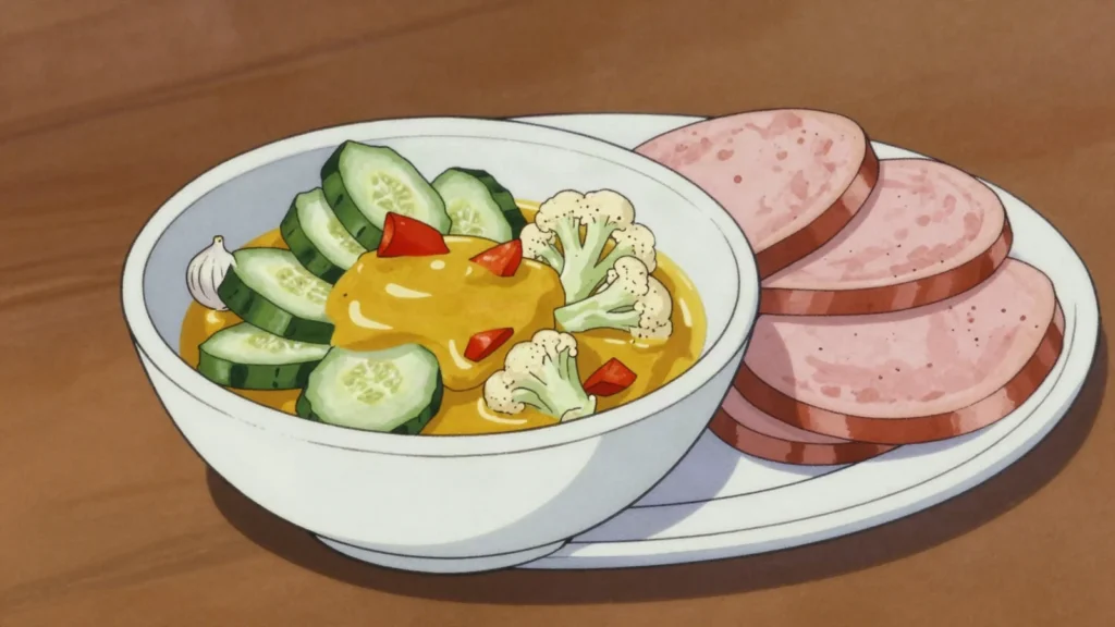 Mustard pickles, cucumber, onion and cauliflower in turmeric-yellow mustard, Canada fermented & pickled, anime style