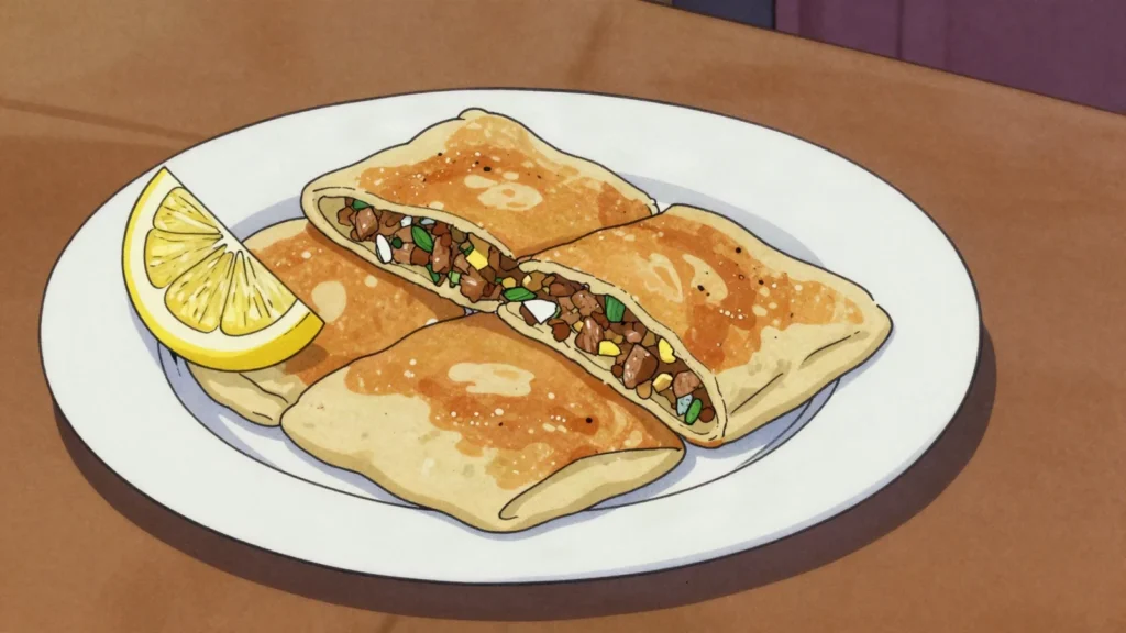 Mutabbaq, crispy folded pancake stuffed with spiced meat, egg and leek, Saudi Arabia street food, anime style
