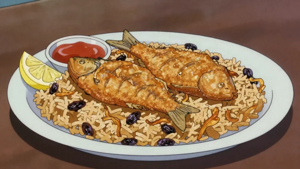 Mutabbaq samak, fried zubaidi pomfret layered over sweet-spiced rice, Kuwait main, anime style