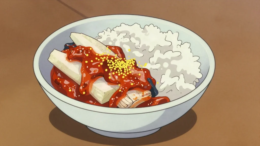 Myeongtae Sikhae, pollock fermented with millet, radish and chili until sour, North Korea fermented & pickled, anime style