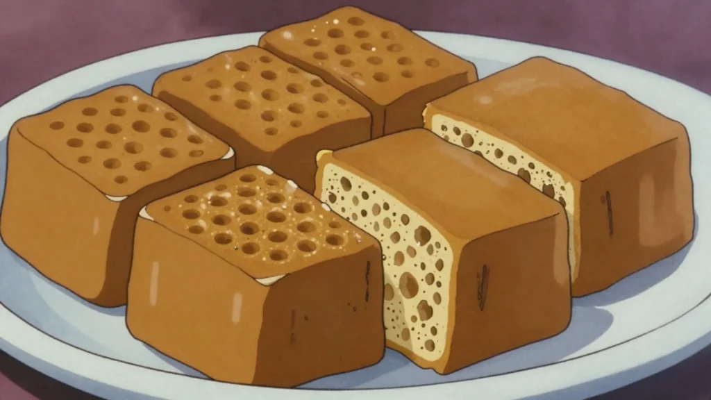 Mysore Pak, fudgy gram-flour sweet drenched in ghee, cut into porous golden squares, India dessert, anime style