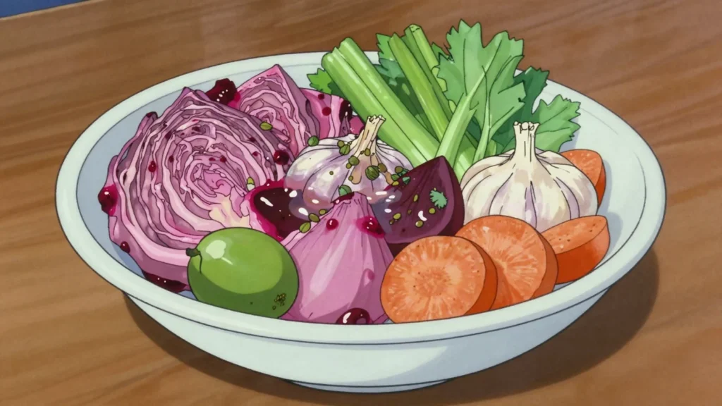 Mzhaveuli, brined vegetables such as cabbage, green tomatoes and garlic, eaten, Georgia fermented & pickled, anime style