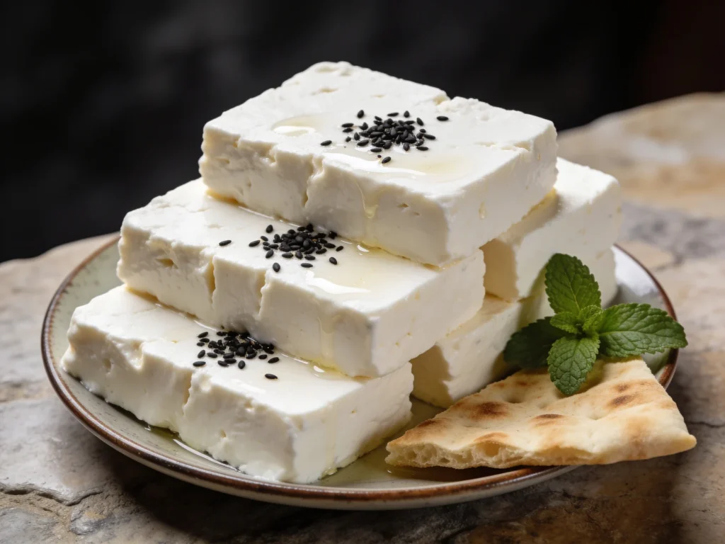 Nabulsi cheese, brined white cheese scented with mahlab and nigella, fried or baked, Palestine cheese & dairy, anime style