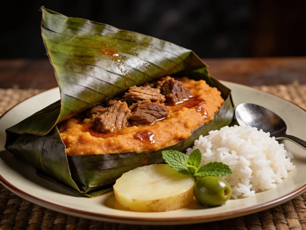 Nacatamal, large banana-leaf tamale with pork, rice, potato; Sunday breakfast, Nicaragua main, anime style