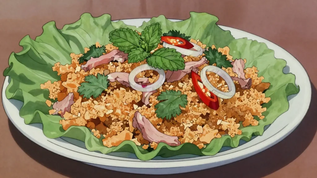 Naem Khao, crispy fried rice-ball salad with sour pork and herbs, Laos salad & side, anime style