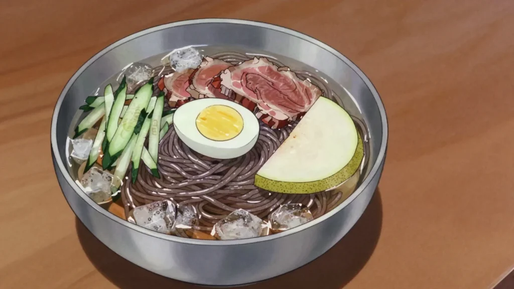 Naengmyeon, cold chewy buckwheat noodles in icy broth or spicy sauce, summer favorite, South Korea main, anime style