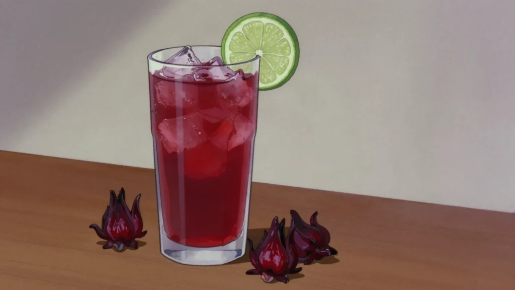 Nam Krachiap, deep red roselle infusion served iced and sweetened over crushed ice, Thailand drink, anime style