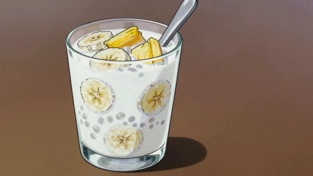 Nam Van, sweet coconut milk with banana, tapioca pearls or jackfruit, served warm or iced, Laos dessert, anime style