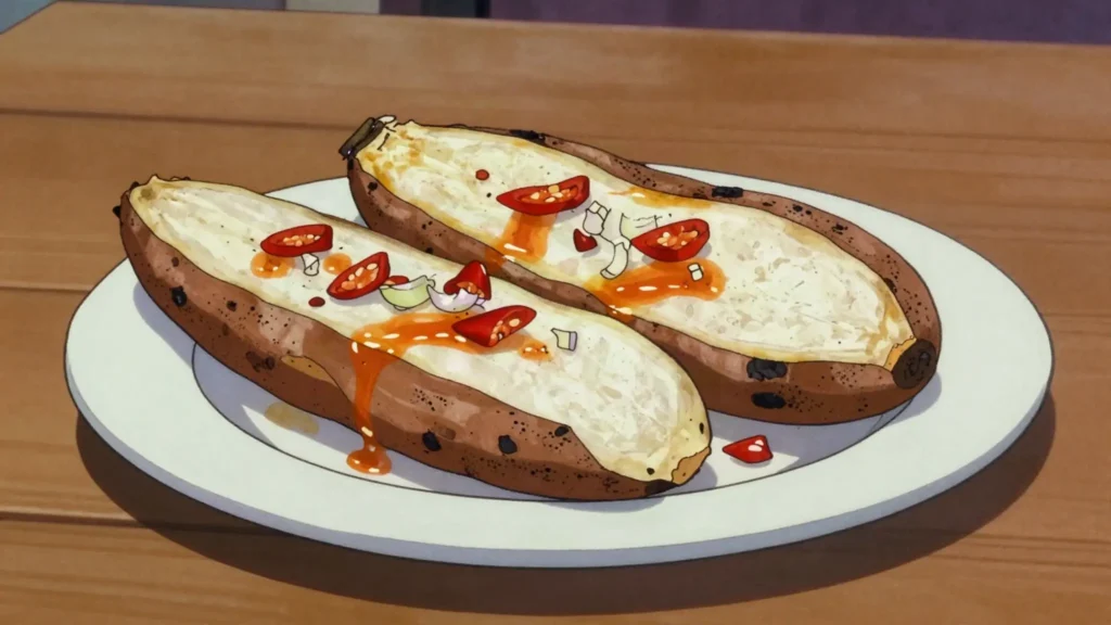 Name asado, yam roasted in the embers, split open and eaten with palm oil and, Equatorial Guinea salad & side, anime style