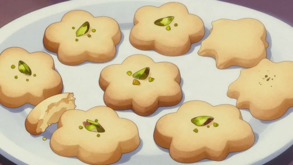 Nan-e nokhodchi, clover-shaped chickpea flour cookies that dissolve on the tongue, scented with, Iran dessert, anime style