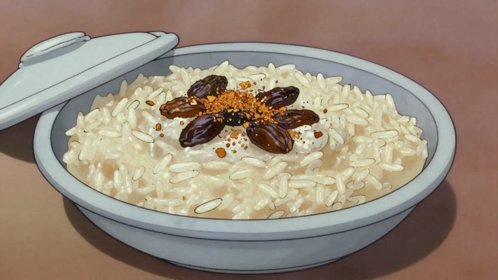 Nan mburu, chilled rice pudding mixed with baobab juice and sweetened milk, Gambia dessert, anime style