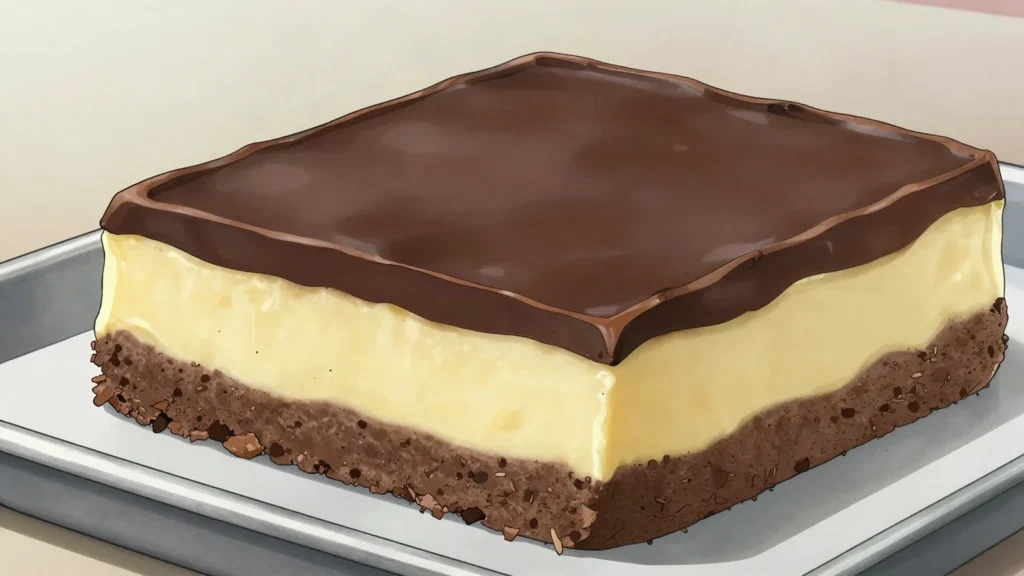 Nanaimo bar, no-bake layers of chocolate, custard cream, and coconut-crumb base, Canada dessert, anime style