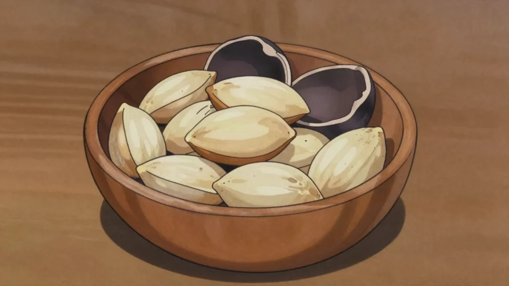 Nangai Nut, rich oily canarium kernel cracked from a hard shell; eaten raw or smoked, Vanuatu snack, anime style