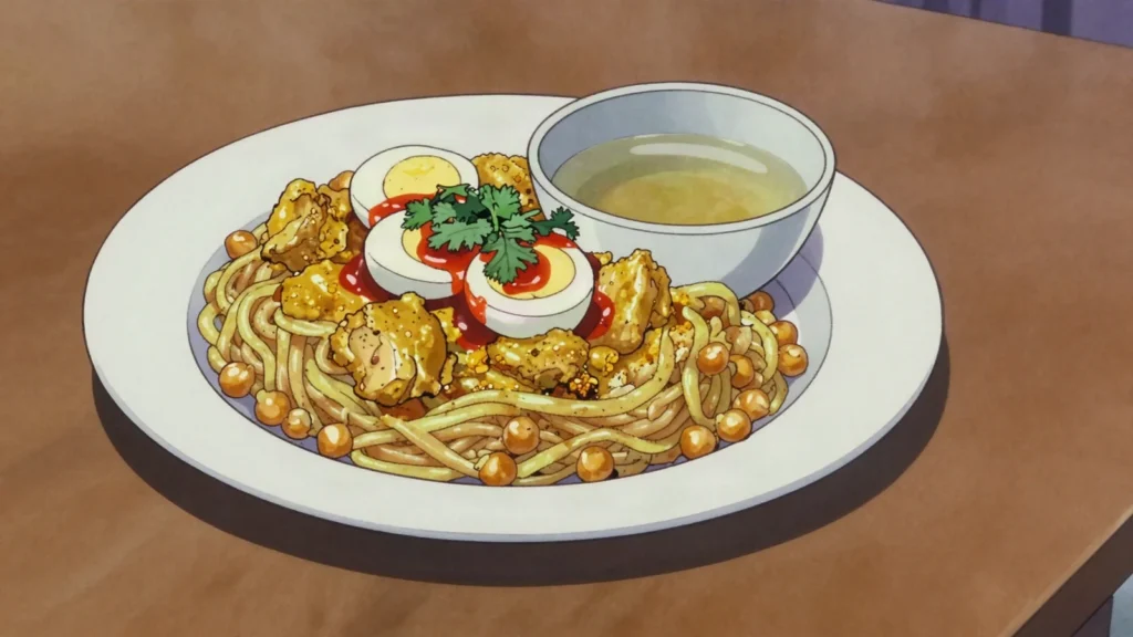 Nangyi Thoke, thick rice noodles hand-mixed with chicken, chickpea flour and chili oil, Myanmar main, anime style