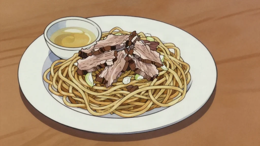 Naryn, cold hand-cut noodles with horse meat; Tashkent delicacy, Uzbekistan main, anime style