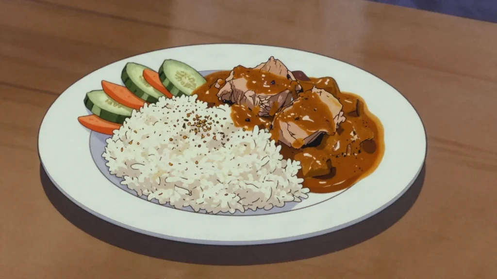 Nasi Dagang, rice steamed in coconut milk with fenugreek, served with tuna curry at dawn, Malaysia breakfast, anime style