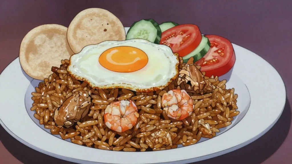 Nasi Goreng, sweet-soy fried rice with fried egg and krupuk; national favourite, Indonesia main, anime style