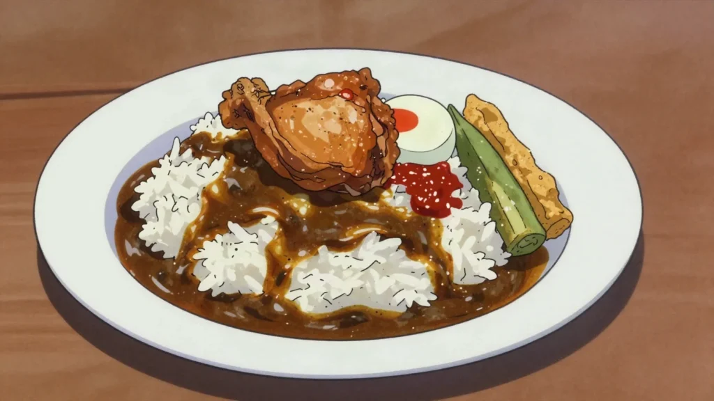 Nasi Kandar, penang rice flooded with mixed curries from Indian-Muslim stalls, Malaysia main, anime style