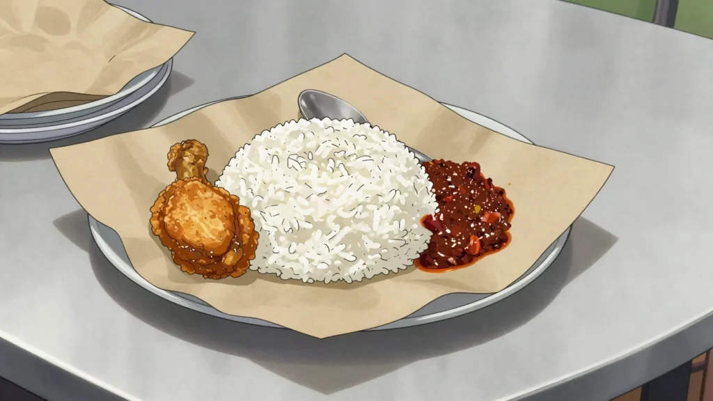 Nasi Katok, plain rice, fried chicken and sambal in paper; beloved cheap meal, Brunei main, anime style
