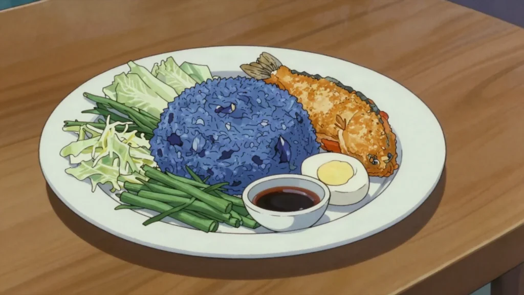 Nasi Kerabu, blue rice dyed with butterfly pea flowers, served with herbs, fish and budu, Malaysia main, anime style