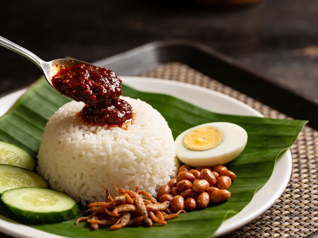 Nasi Lemak, coconut rice with sambal, anchovies, peanuts and egg; the national dish, Malaysia main, anime style