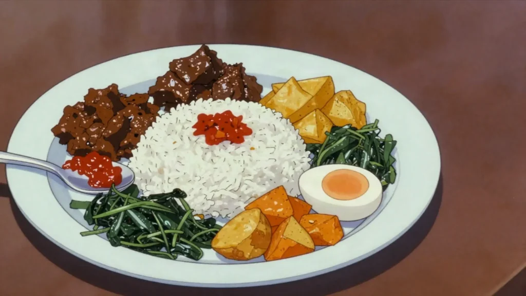 Nasi Padang, steamed rice with a spread of Padang curries and sambals, Indonesia main, anime style