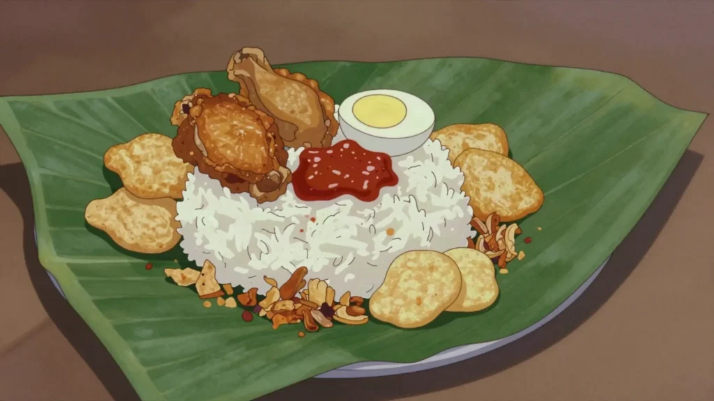 Nasi Uduk, coconut rice with fried chicken, tempeh, egg and sambal, wrapped in banana leaf, Indonesia breakfast, anime style