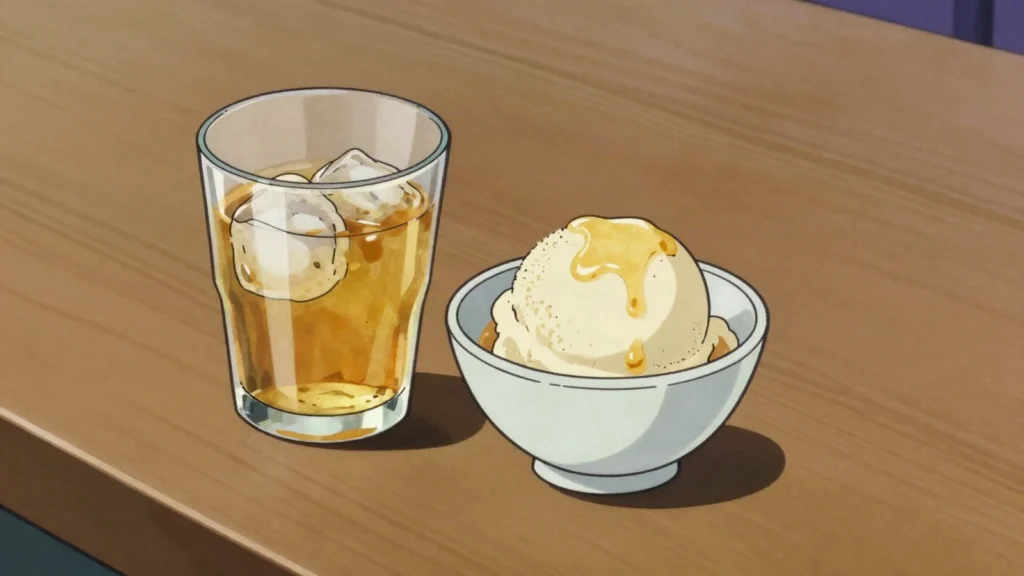 Nassau Royale, golden vanilla and spice liqueur, sipped over ice or poured on desserts, Bahamas wine & spirit, anime style