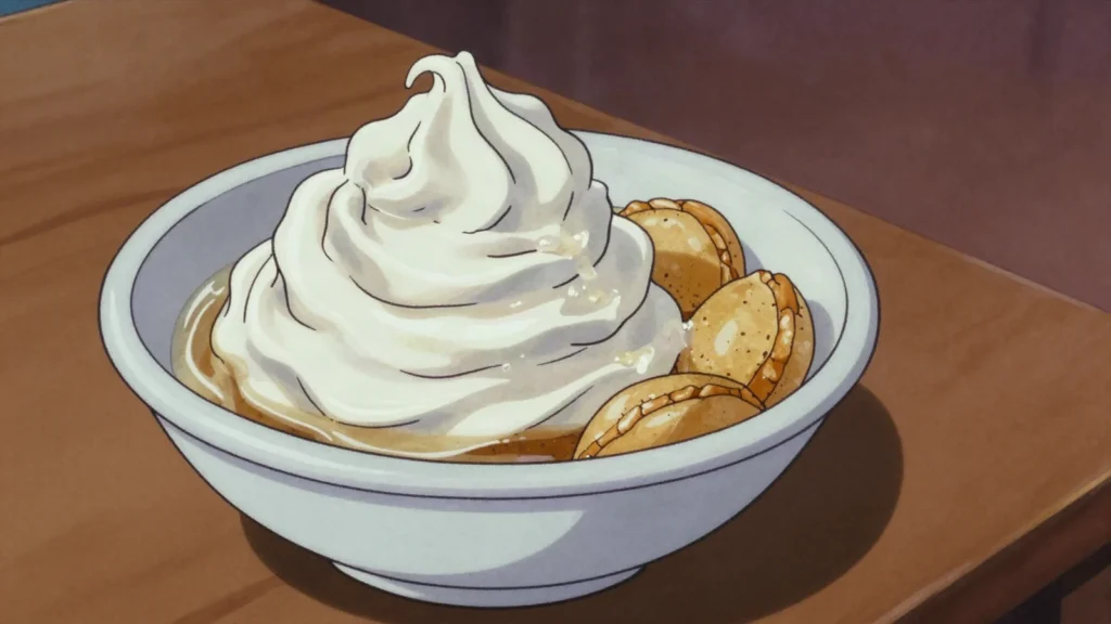 Natef, glossy white cream whipped from soapwort root and sugar syrup, used as dip, Syria sauce & condiment, anime style