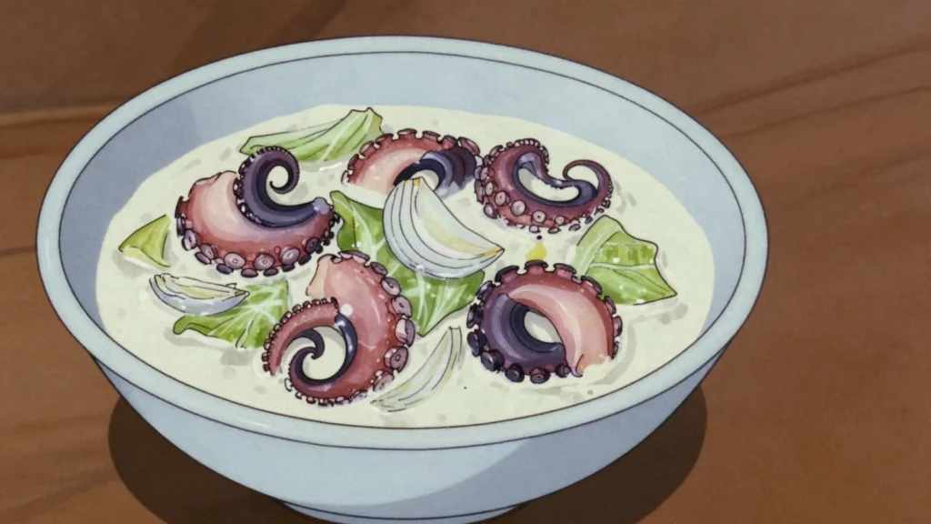 Nawita, octopus tenderised, then simmered in coconut milk with island greens, Vanuatu main, anime style