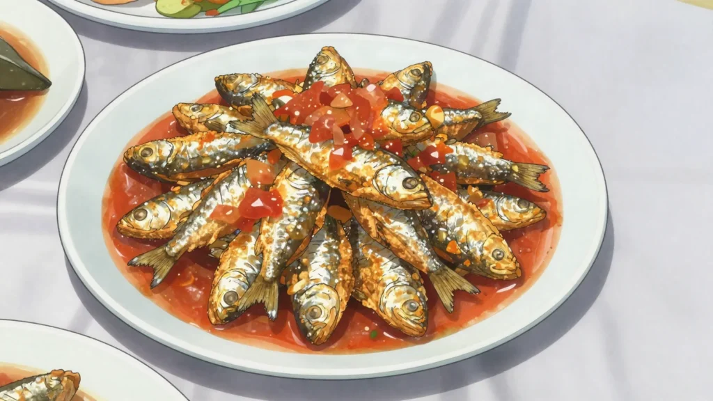 Ndagala, small silver Tanganyika fish fried whole, Burundi main, anime style