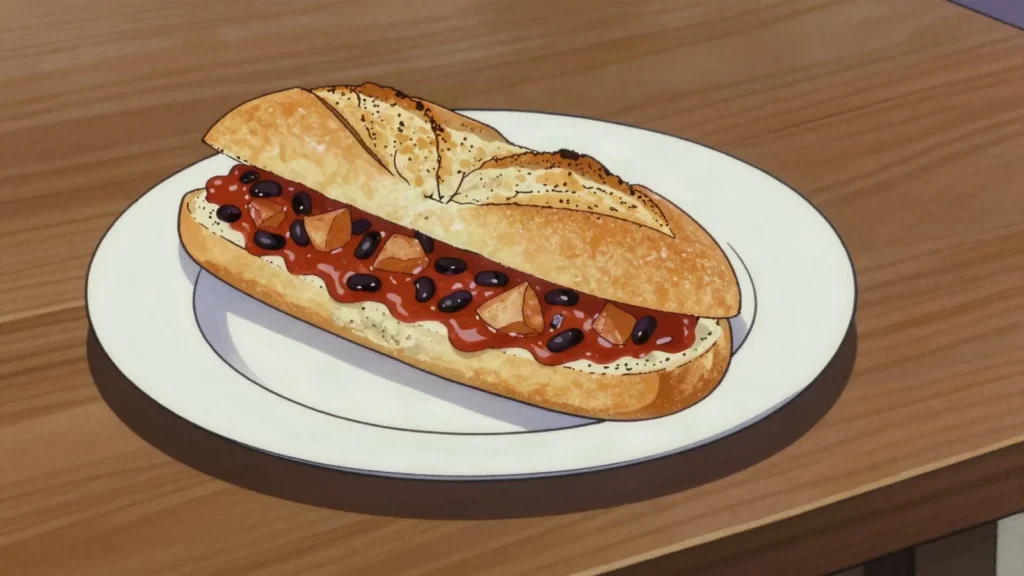 Ndambe, spiced black-eyed pea and potato stew stuffed into baguettes, Senegal breakfast, anime style
