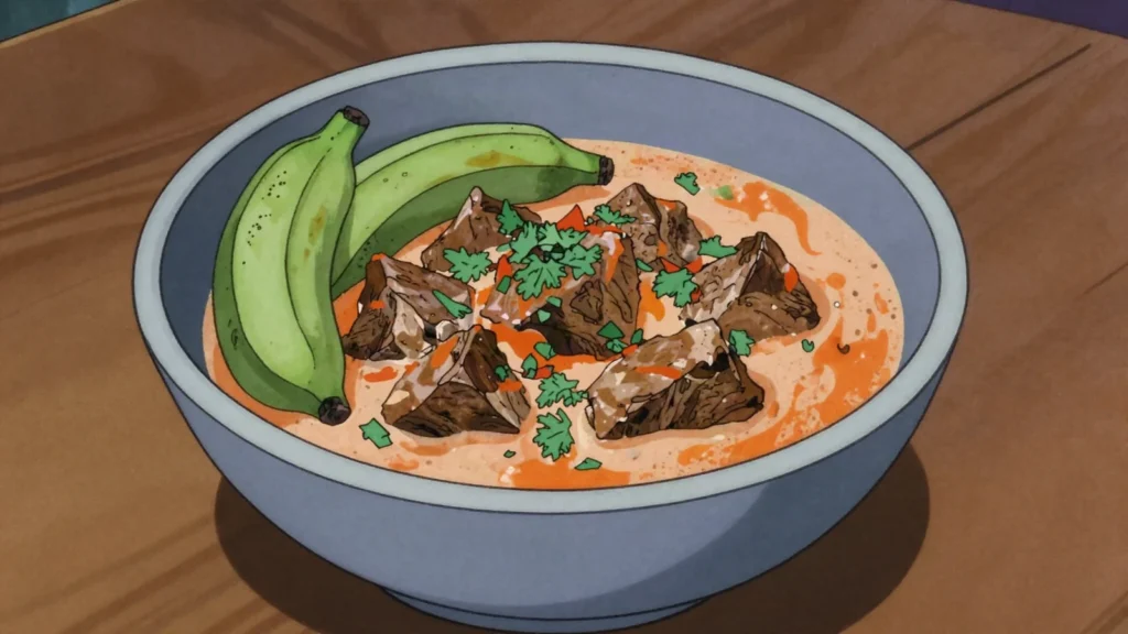 Ndizi nyama, green bananas stewed with beef and coconut milk, Tanzania main, anime style