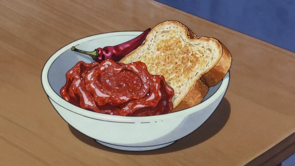 'Nduja, fiery spreadable pork salame red with Calabrian chilli, Italy charcuterie & cured, anime style