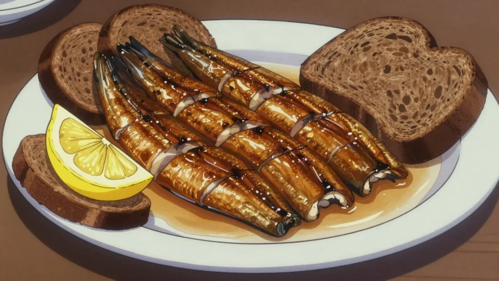 Nēģi, grilled lamprey served cold in jelly or hot with bread, Latvia main, anime style