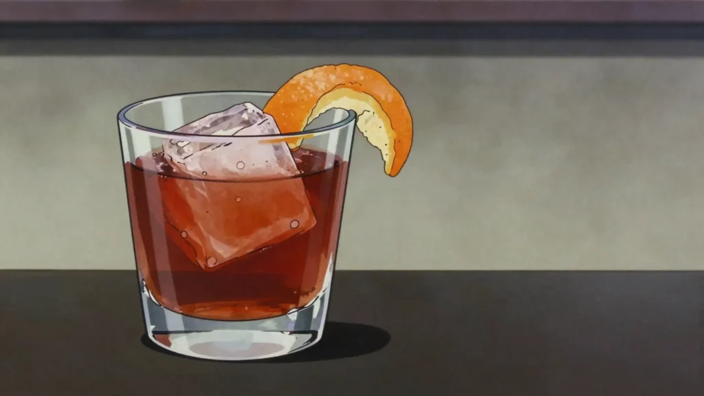 Negroni, equal parts gin, sweet vermouth and Campari, stirred over ice, Italy cocktail, anime style