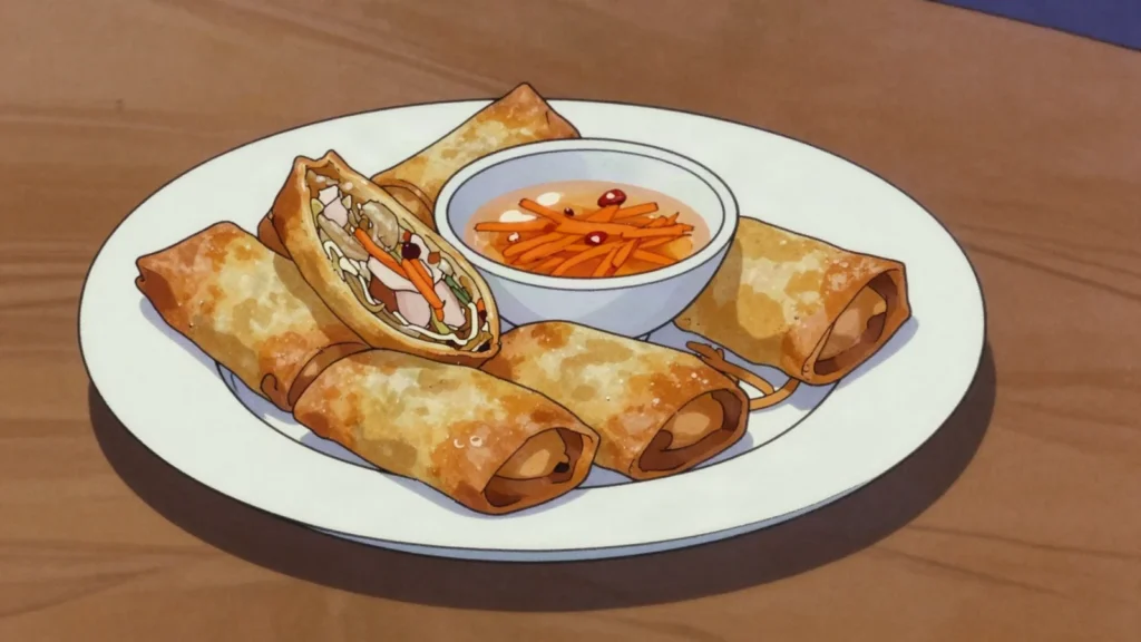 Nem, chinese-Malagasy fried spring rolls with dipping sauce, Madagascar street food, anime style